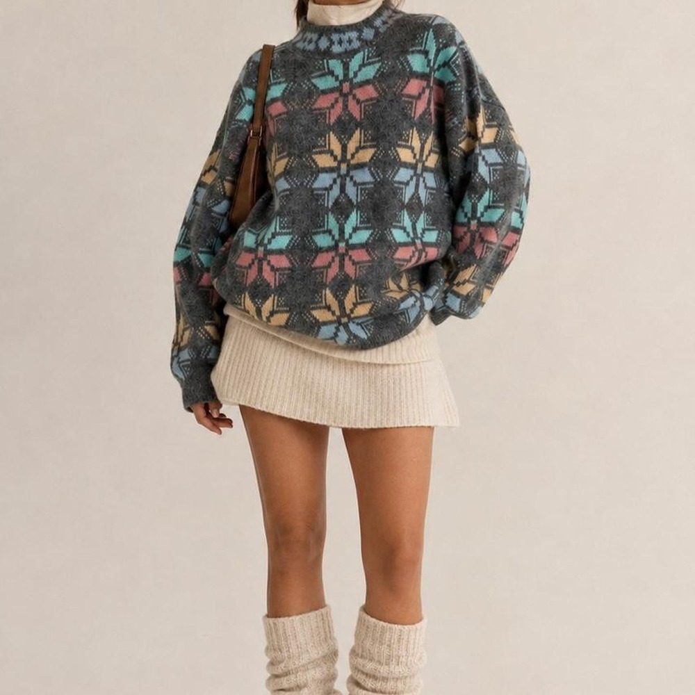 Vintage Needles by Yarn Geometric Sweater Women L Oversized USA Mock Neck Knit